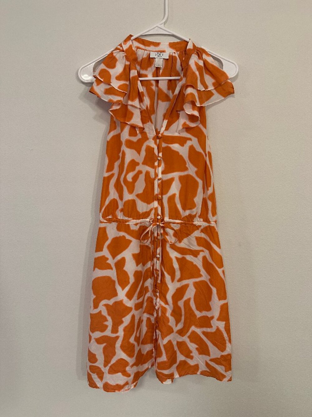 LOFT 100% Silk Orange Cream Abstract Print Ruffle Midi Dress Women's 2